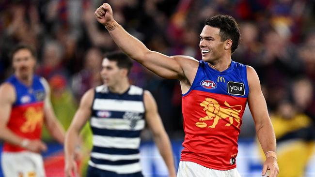 MELBOURNE, AUSTRALIA - SEPTEMBER 21: Cam Rayner of the Lions celebrates kicking a goal during the AFL Preliminary Final match between Geelong Cats and Brisbane Lions at Melbourne Cricket Ground, on September 21, 2024, in Melbourne, Australia. (Photo by Quinn Rooney/Getty Images)