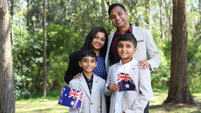 Avinash Ponnala and Sumalatha Hazari with Aadvik and Aaryan at the citizenship ceremony in Parramatta Park, Sydney. Picture: John Feder