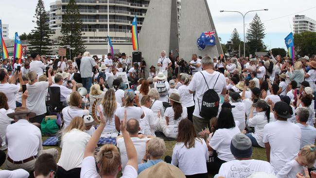 Protestors gather at the #ReclaimTheLine Border protest as former pilot Graham Hood addresses the crowd. Picture: Glenn Hampson