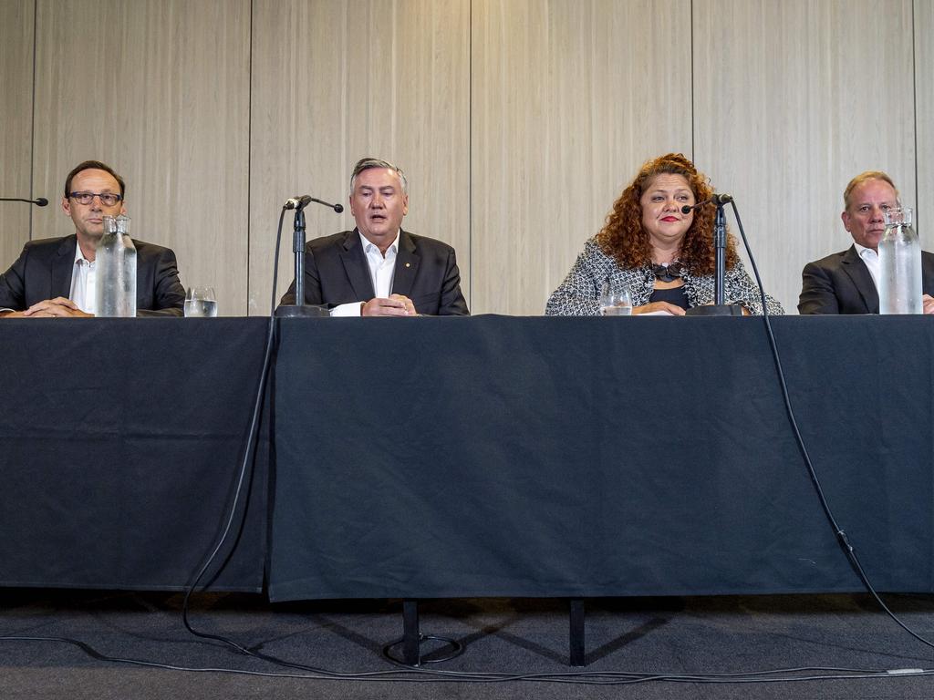 Mark Anderson, Eddie McGuire, Jodie Sizer and Peter Murphy speak at the release of Collingwood’s ‘Do Better’ report. Picture: Jake Nowakowski