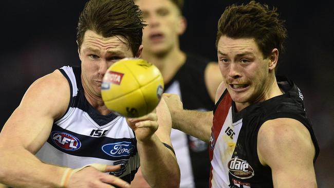 Patrick Dangerfield in action against Jack Steven. Picture: AAP