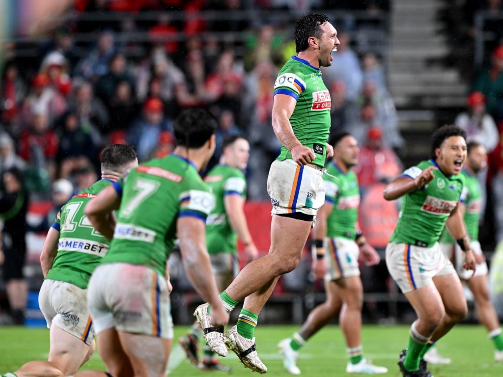 Jordan Rapana of the Raiders celebrates victory after kicking the winning field goal in golden point extra time during the round 13 NRL match between Dolphins and Canberra Raiders at Suncorp Stadium, on June 01, 2024, in Brisbane, Australia. (Photo by Bradley Kanaris/Getty Images)