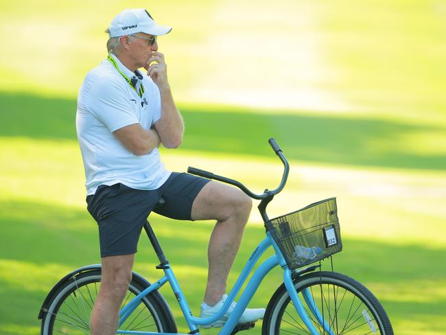 PLAYA DEL CARMEN, MEXICO - FEBRUARY 25: Greg Norman, CEO of LIV Golf Investments sits on a bike during day two of the LIV Golf Invitational - Mayakoba at El Camaleon at Mayakoba on February 25, 2023 in Playa del Carmen, Mexico. (Photo by Hector Vivas/Getty Images)