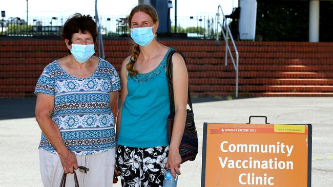 Helen Hughes and daughter Leanne, the Doomben vaccination clinic. Picture: David Clark