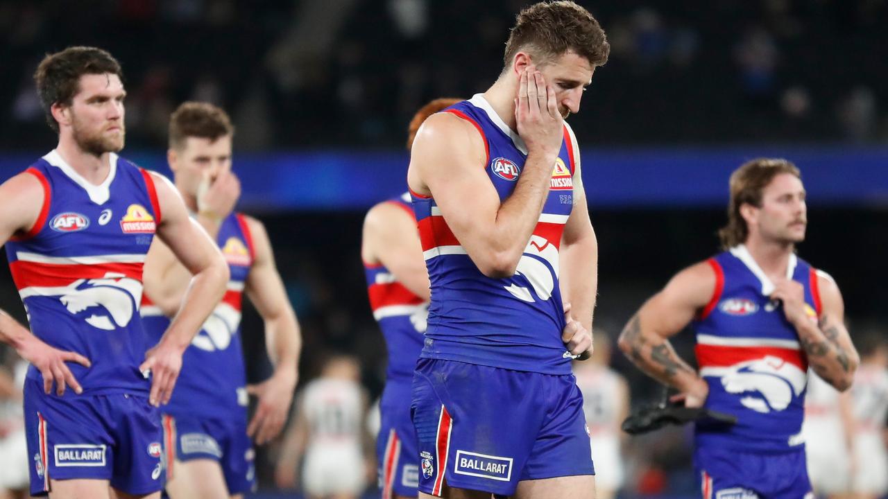 Marcus Bontempelli looks dejected after the latest Bulldogs loss.