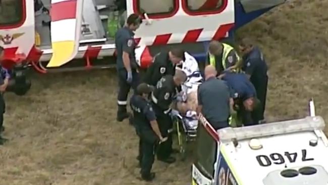 Tony Mokbel being worked on by paramedics at Barwon Prison after being stabbed this afternoon. Picture: Seven News