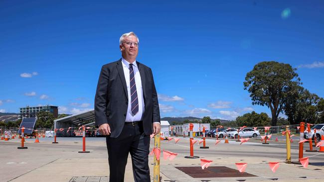 SA Pathology boss Dr Tom Dodd in front of the Victoria Park Covid testing clinic. Picture: Russell Millard