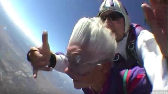 Clare Nowland went skydiving to celebrate her 80th birthday in 2008. Picture: ABC News