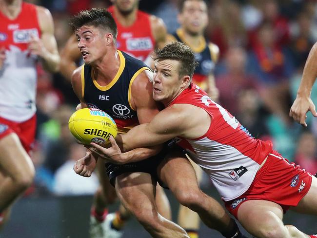 Adelaide's Riley Knight  is tackled by Sydney's Luke Parker  during AFL match between the Sydney Swans and Adelaide Crows at the SCG. Picture. Phil Hillyard