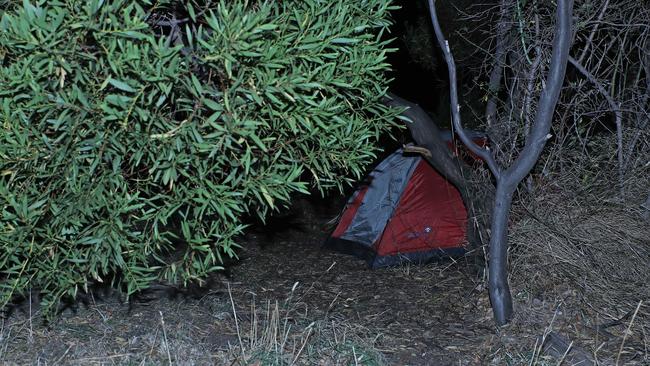 A tent being used for accommodation just outside Hobart’s CBD. Picture: LUKE BOWDEN