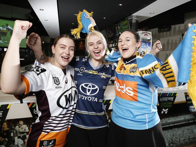 Katie Button, Shelley Rudder and Eleni Henderson pictured at the Caxton Hotel ahead of the NRLÃs Magic Round, Brisbane 10th of May 2021.  (Image/Josh Woning)