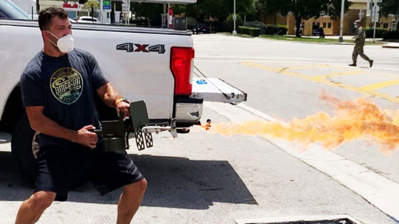 Andrei Arlovski fires a flamethrower into the street while screaming “motherf***er”.