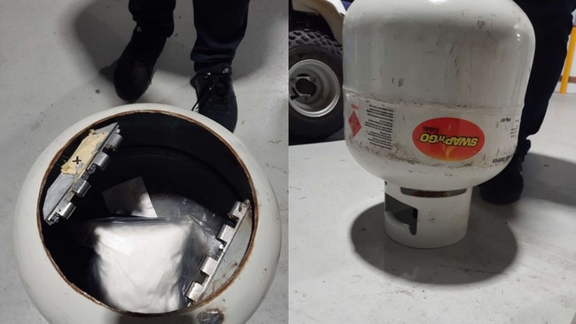 An LPG bottle with a false bottom containing speed and meth, which was seized from a Storage King facility after the arrest of Matthew Molloy. Picture: NSW Police