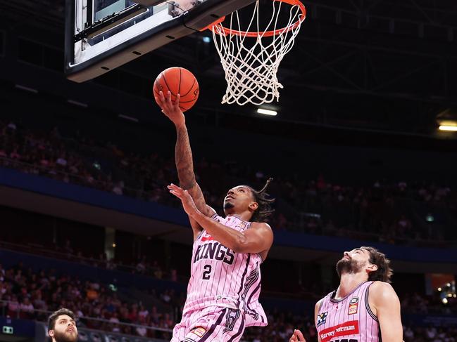 SYDNEY, AUSTRALIA - JANUARY 14:  Jaylen Adams of the Kings drives to the basket during the round 15 NBL match between Sydney Kings and New Zealand Breakers at Qudos Bank Arena, on January 14, 2024, in Sydney, Australia. (Photo by Matt King/Getty Images)