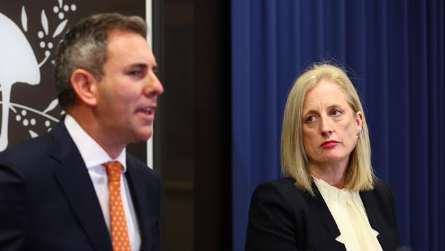 Treasurer Jim Chalmers and Finance Minister Katy Gallagher are bracing for a budget deficit in 2024-25 after banking consecutive surpluses. Picture: Tertius Pickard/NewsWire