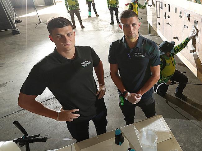 19/04/2020 : Jack and Will Martin's at their warehouse training facility, where new cleaning trainees are put through their paces by ex-military trainers.The pair ran a high-end commercial landscaping business  and then pivoted, to do hospital grade sanitisation for major clients, such as Colliers, aged care homes, property developers in the time of covid-19. Lyndon Mechielsen/The Australian