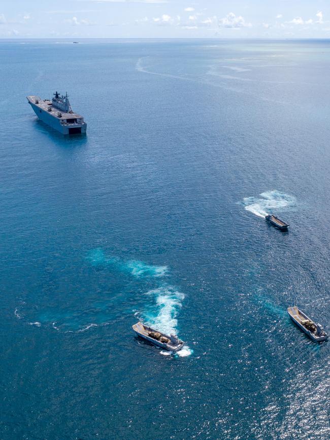 Royal Australian Navy ship HMAS Adelaide conducts landing craft training while the ship sits at anchor off the coast of Nuku'alofa in Tonga as part of Operation Tonga Assist 2022.Picture: POIS Christopher Szumlanski