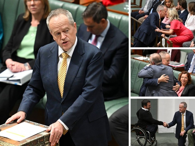 Bill Shorten delivers his valedictory speech; Bill Shorten and Chloe Shorten; Prime Minister Anthony Albanese congratulates Bill Shorten; Bill Shorten with Kurt Fearnley. Pictures: Martin Ollman/NewsWire