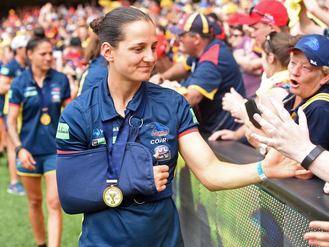 26/03/17 - Round 1: Crows v Giants AFL match at Adelaide Oval. AFLW Adelaide Crows player Heather Anderson doing a lap of honor after their Premiership win. Picture: Tom Huntley