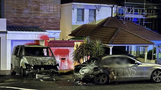 Image of torched and vandalised cars in Dover Heights, and Mr Ryvchin’s former home doused with red paint.