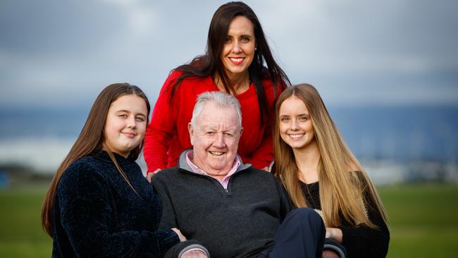 Ken 'KG' Cunningham with his daughter Sally and granddaughters Hunter and Dakota at West Beach. Picture: Matt Turner