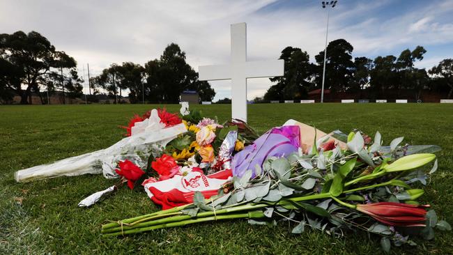 Tributes for Birdwood football player Antonio Loiacono left inside the centre square on Gumeracha Oval. Picture: Emma Brasier