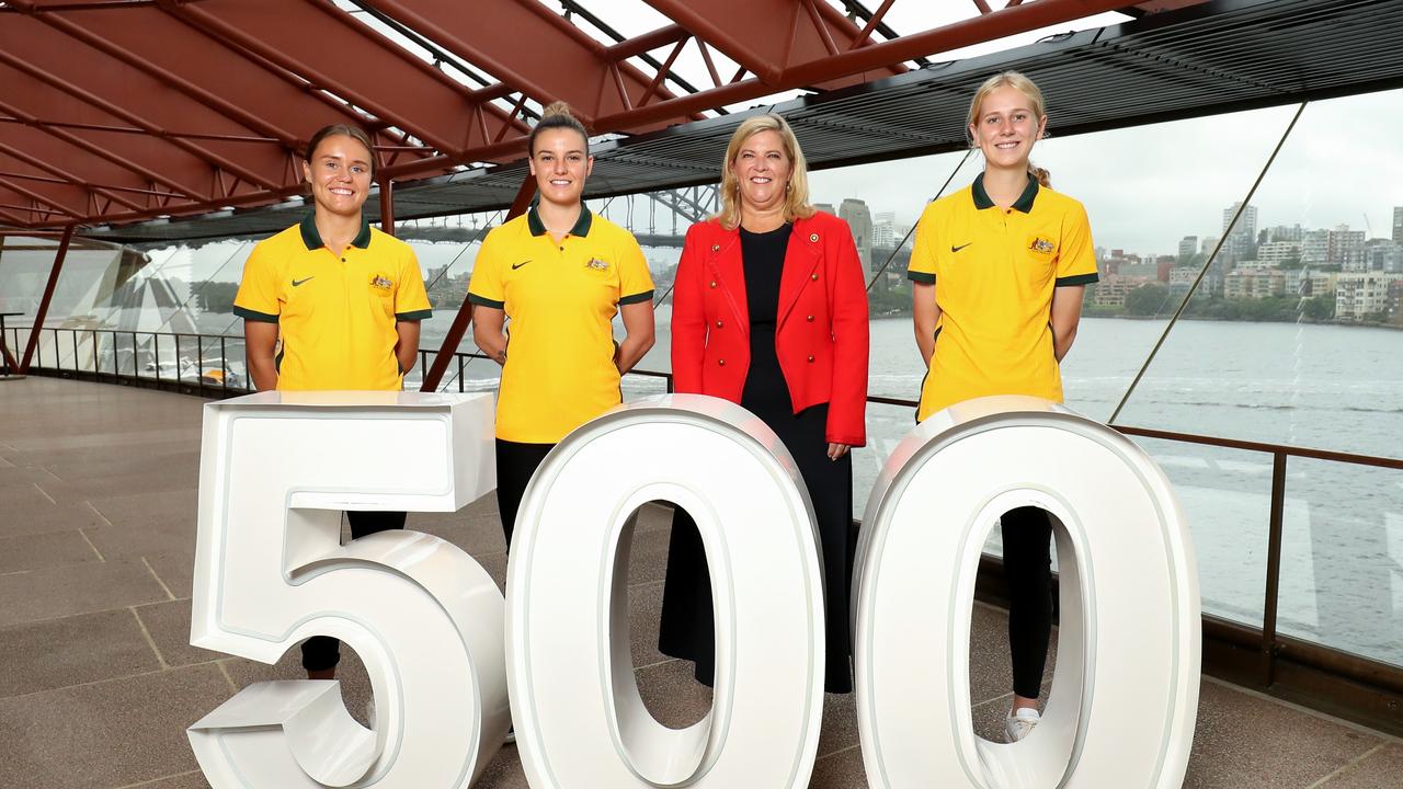 Minister for Women, Regional Health, and Mental Health Bronnie Taylor poses with Matildas players Bryleeh Henry, Chloe Logarzo and Hana Lowry during a media opportunity to mark '500 Days To Go' to the 2023 World Cup.