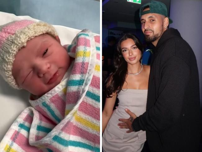 Christos Kyrgios and wife Alicia with their second child and Costeen Hatzi's latest post. Photo: Instagram, @xkyrgios and @costeenhatzi.