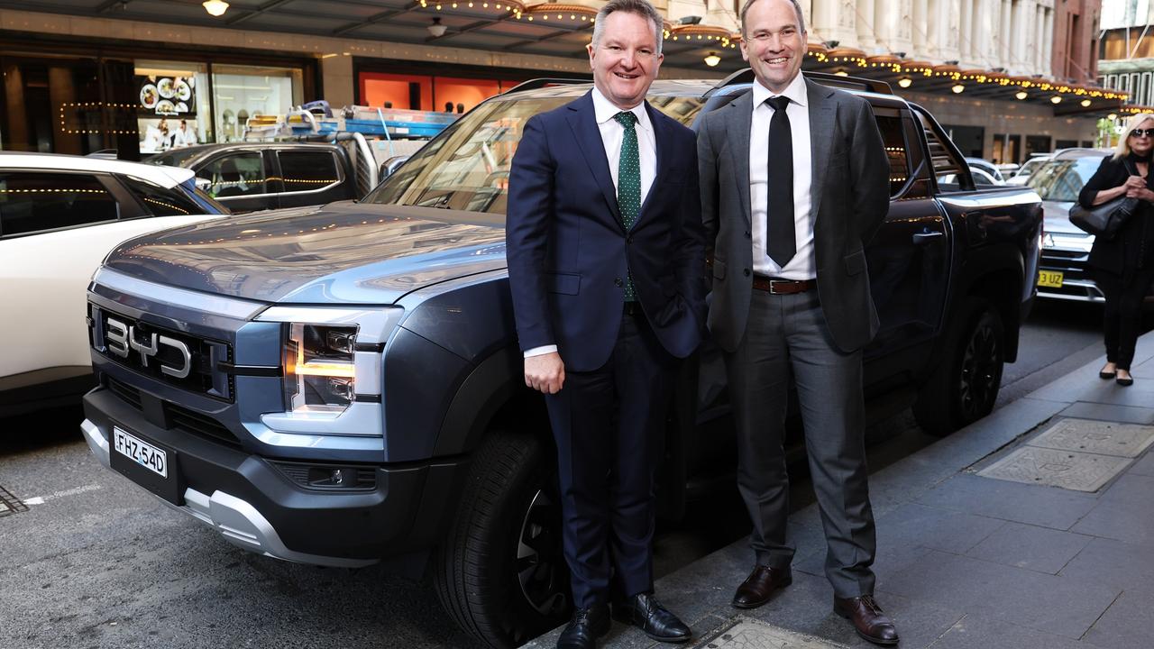 Minister for Climate Change and Energy Chris Bowen and BYD chief executive David Smitherman with the BYD Shark. Photo: Supplied