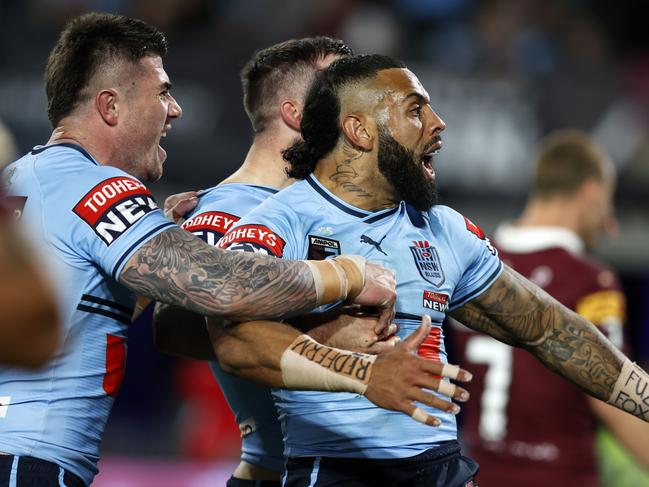 DAILY TELEGRAPH JULY 12, 2023. Josh Addo-Carr celebrating his try during the State of Origin game 3 between the NSW Blues and QLD Maroons at Accor Stadium, Sydney Olympic Park. Picture: Jonathan Ng