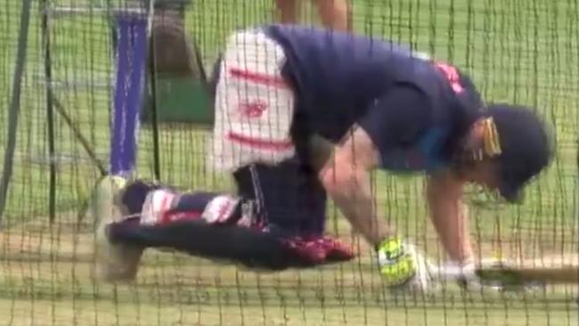 Ben Stokes is brought to his knees after being hit in the groin