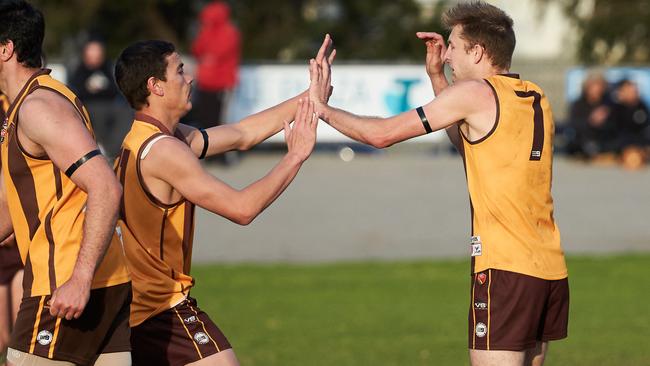 West Croydon's Luke Woodcock (right) has now kicked 700 goals in senior footy. Picture: Matt Loxton