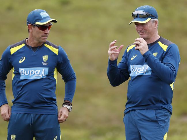 Coach Justin Langer and team mentor Steve Waugh talk strategy. Picture: Getty Images