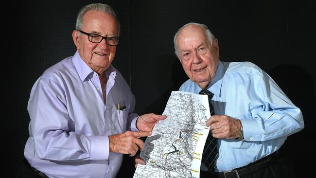 Sir Leo Hielscher and Sir Frank Moore with a map of the planned water way from North Queensland to South Australia. Picture: AAP