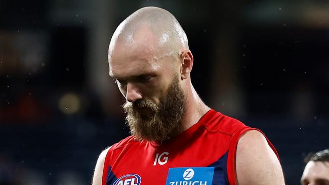 GEELONG, AUSTRALIA - JUNE 22: Max Gawn of the Demons looks dejected after a loss during the 2023 AFL Round 15 match between the Geelong Cats and the Melbourne Demons at GMHBA Stadium on June 22, 2023 in Geelong, Australia. (Photo by Michael Willson/AFL Photos via Getty Images)