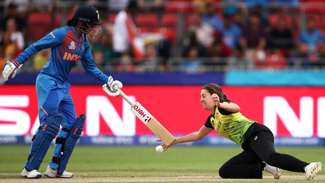 Strano fields her own bowling during the shock opening night defeat for Australia.