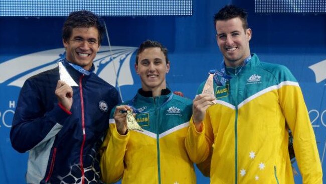 Cameron McEvoy (centre) got the better of Olympic rival Nathan Adrian (left) in the 100 metre freestyle at the 2014 Pan Pacific games, James Magnussen (R) was third. Picture: Mark Calleja
