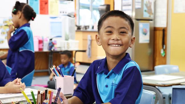 Parramatta State School prep student Than Thoo does some colouring in on the first day of school for 2025. Picture: Brendan Radke