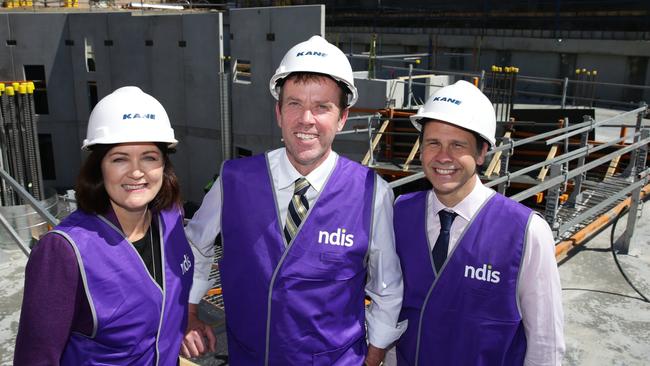 Sarah Henderson, Dan Tehan and Rob De Luca tour the construction of the NDIS building in Geelong last year. Picture: Peter Ristevski