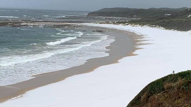 A Cape Paterson beach blanketed in hailstones. Picture: Brad Richards