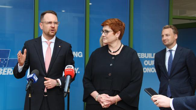 Minister for Foreign Affairs Marise Payne with Senator Andrew Bragg and State MP James Griffin, far right, were at the launch of the new Liberal office, called Liberal House, in Balgowlah. Picture: Supplied.