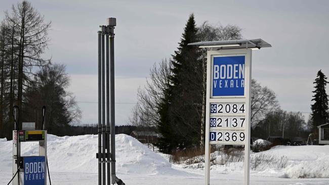 Prices of gasoline and diesel fuel over 2 euros per litre are photographed at a Boden fuel station in Vexala, western Finland on March 10, 2022. Picture: Olivier Morin/AFP