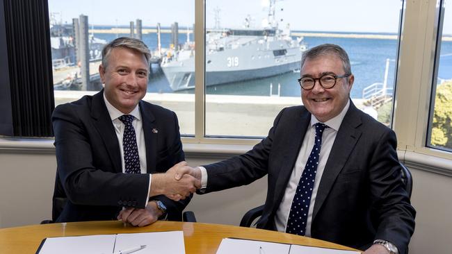 Austral chief executive Paddy Gregg and Naval Shipbuilding and Sustainment Group deputy secretary Jim McDowell signed a Heads of Agreement to establish a strategic shipbuilding agreement between Austal and the Commonwealth. Picture: Department of Defence