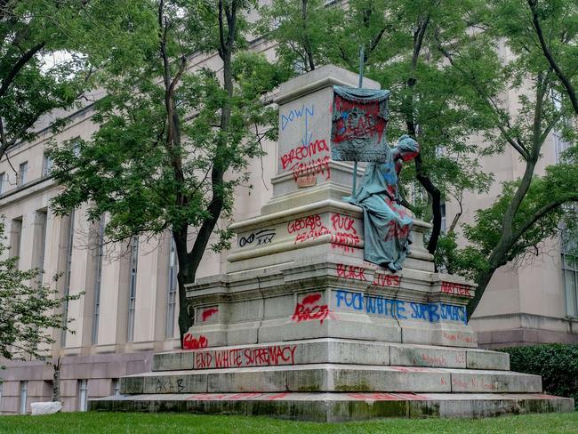 The pedestal where the statue of Confederate general Albert Pike remains empty after it was toppled by protesters in Washington, DC. Picture: Getty Images/AFP