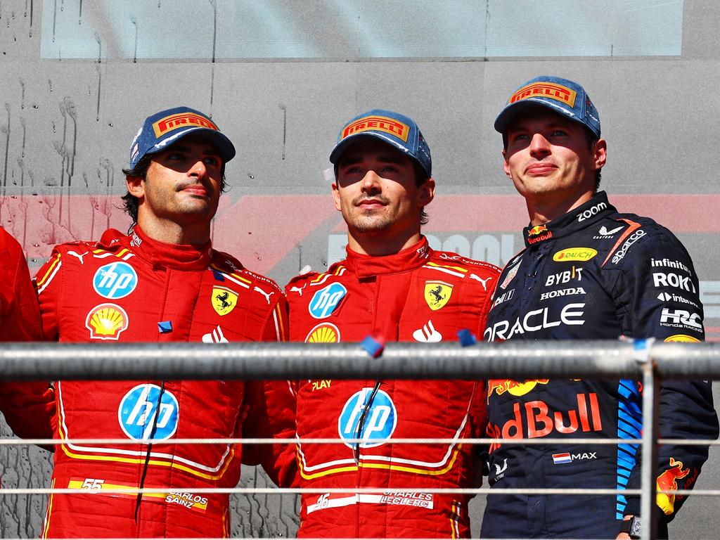 Race winner Charles Leclerc (C) with second-placed teammate Carlos Sainz and championship leader Max Verstappen, who finished third. Picture: Getty