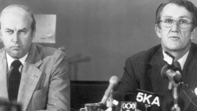 Transport minister Peter Nixon with PM Malcolm Fraser in Adelaide 12 May 1977 after press conference re: air traffic controllers strike.