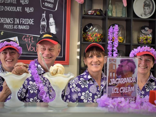 Staff at I Scream get into the jacaranda spirit in Prince St, Grafton, during last year’s festival,