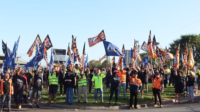 Striking Ipswich council workers on Friday. Picture: TWU