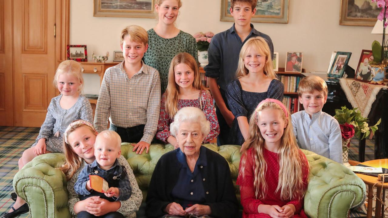 Elizabeth II poses with grandchildren and great grandchildren (back, L-R) Lady Louise Mountbatten-Windsor, James, Earl of Wessex, (middle, L-R) Lena Tindall, Prince George, Princess Charlotte, Isla Phillips, Prince Louis, (front, L-R) Mia Tindall holding Lucas Tindall, Savannah Phillips, at Balmoral Castle in 2022. Picture: The Princess of Wales/Kensington Palace via Getty Images