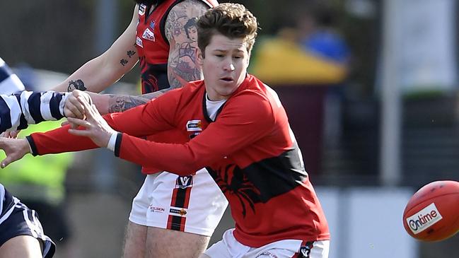 MacedonÃs  Daniel Trajanovski and RomseyÃs Aaron Paterson during the RDFL football match between Macedon and Romsey in Macedon, Saturday, June 26, 2021. Picture: Andy Brownbill